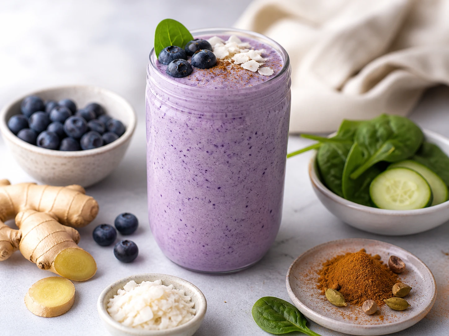 Blueberry ginger spice smoothie in a glass with blueberries and spices around it.
