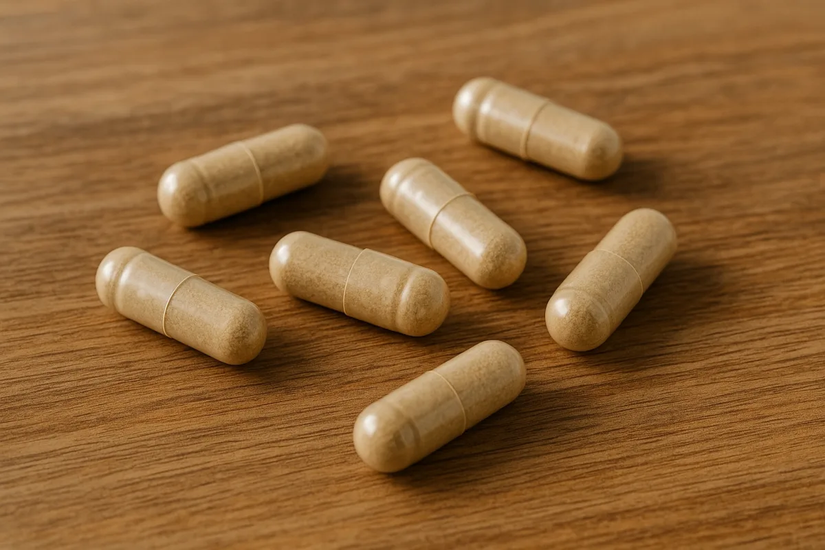 L-theanine supplement capsules on a wooden table.