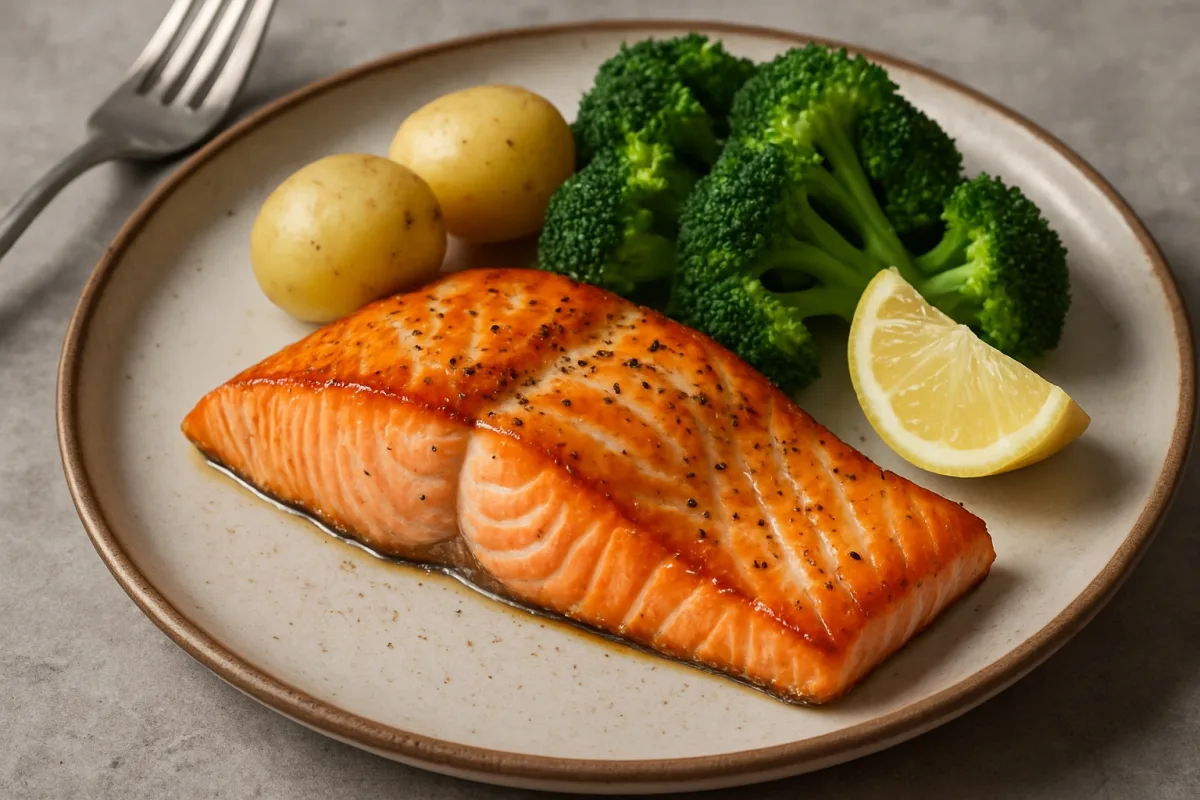 Cooked salmon fillet on a dinner plate with lemon and herbs.