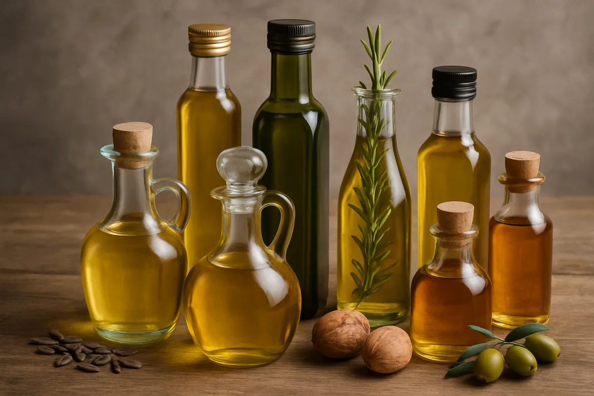 A selection of cooking oils in glass bottles, including sesame oil.