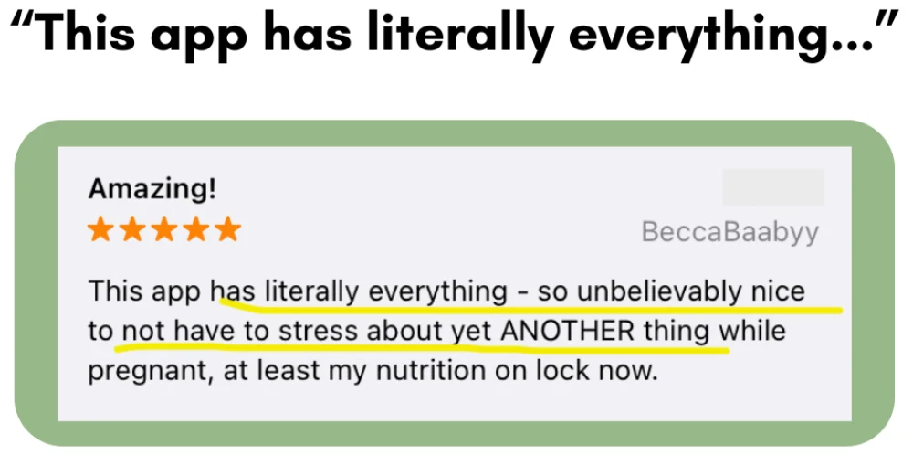 Five-star TPNL app review from BeccaBaabyy: 'This app has literally everything — so unbelievably nice to not have to stress about yet ANOTHER thing while pregnant, at least my nutrition on lock now.'