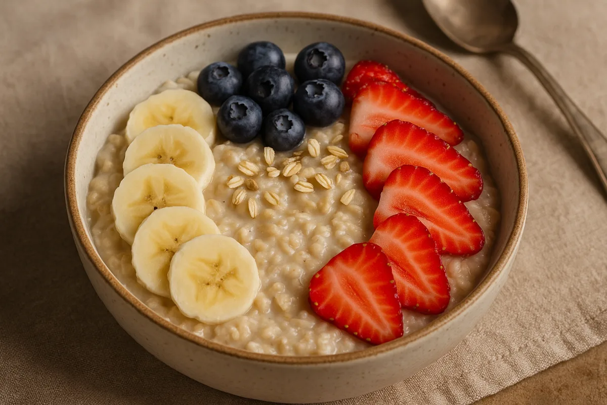 An oatmeal bowl topped with berries, nuts, and seeds — a balanced breastfeeding-friendly breakfast.